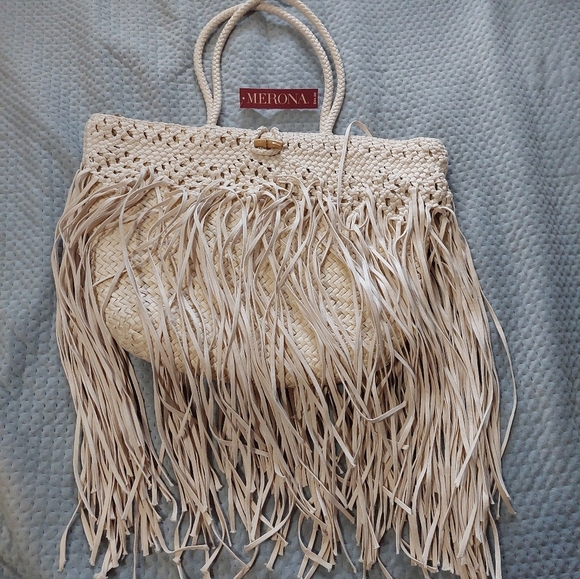 Merona Beige Fringe Tote Bag - Picture 1 of 3